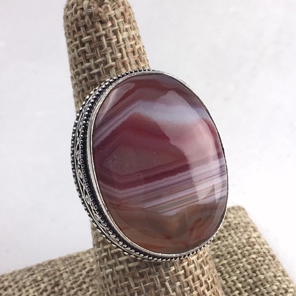 New Botswana Agate Statement Silver Overlay Vintage Style Ring Size 7.5 - Picture 11 of 12